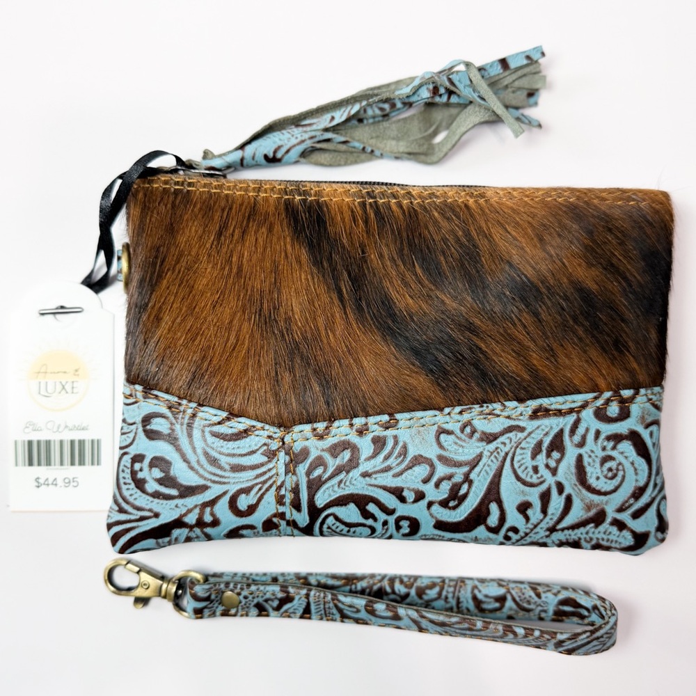 Turquoise Tooled Leather and Brown Hair-on Hide Wristlet Clutch - Picture 2 of 5